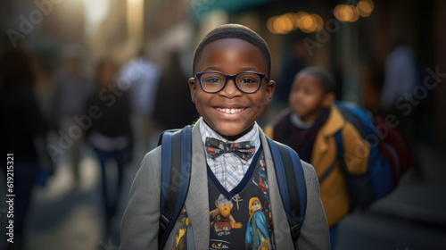 Smiling african american school boy with backpack looking at camera. Happy boy portrait at city street. Created with Generative ai