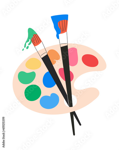 Art palette with paint brushes, dripping oil, gouache, color splashes. Flat modern vector illustration isolated on white background