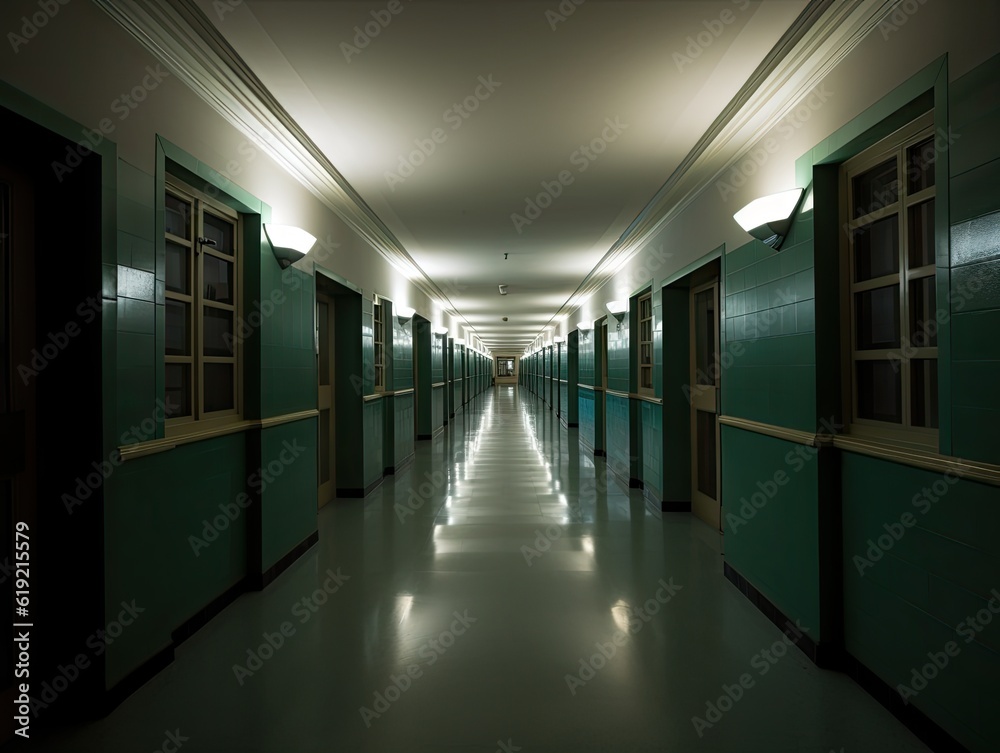 Empty long corridor with many doors, AI generative