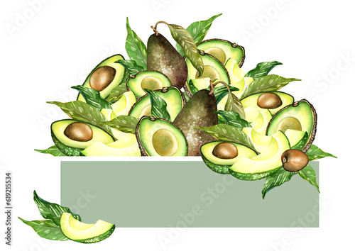 Watercolor avocado frame, postcard. Hand drawn botanical illustration. Vegetarian fruit. Half an avocado. Green avocado slices. Fresh fruit.