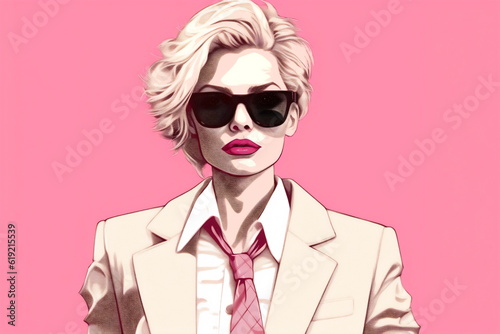 Elegant business women in formal clothes. Base wardrobe, feminine corporate dress code. Women in office clothes. Female in suit and shirt. Pink background © Canvas Alchemy