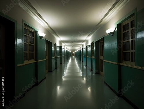 Empty long corridor with many doors  AI generative