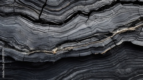 Fototapeta Naklejka Na Ścianę i Meble -  Dark stone or burnt wood texture. Abstract cracked surface. Black rock background. Distrusted backdrop. Top view. Generative AI. Illustration for banner, poster, cover, brochure or presentation.