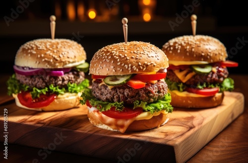 Hamburgers made with beef and vegetables on wooden board  generative ai