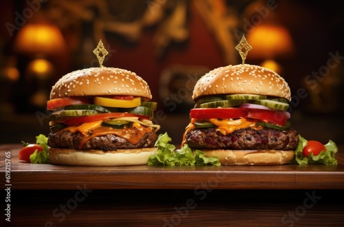 Hamburgers made with beef and vegetables on wooden board, generative ai