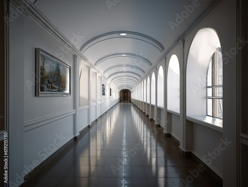 Empty long corridor with many doors, AI generative