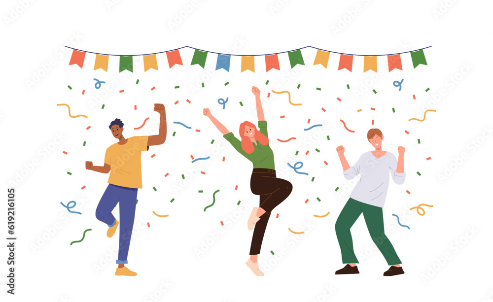 Group of happy people character celebrating event or ceremony having fun and jumping with joy - obrazy, fototapety, plakaty 