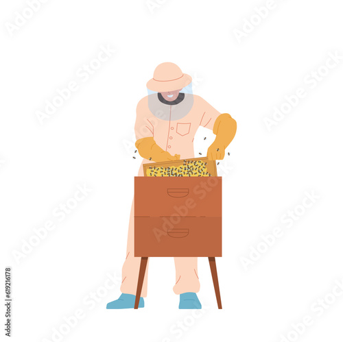 Male beekeeper cartoon character in protective uniform making honey working at apiary farm