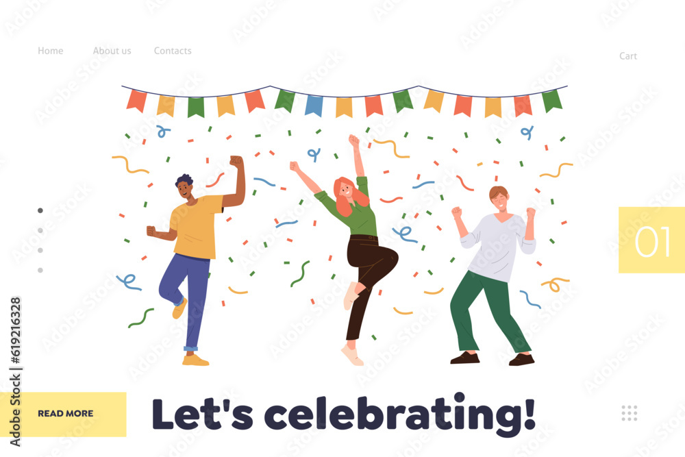 Lets celebrating landing page template with happy people best friends or coworkers cartoon design