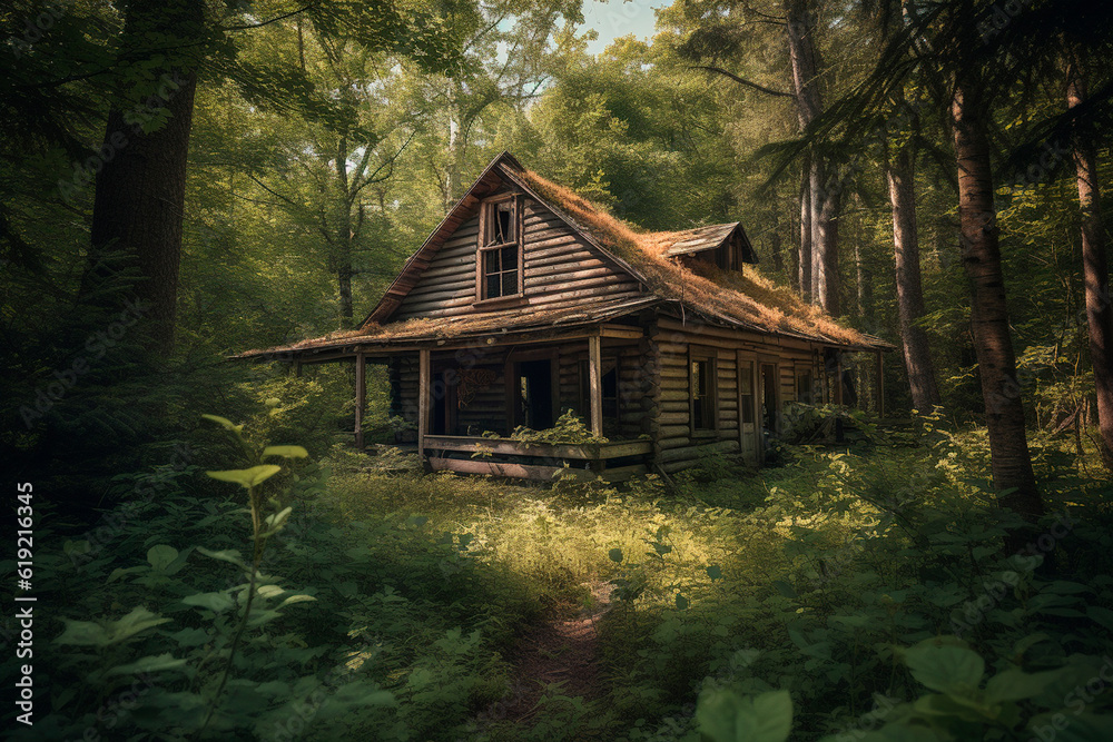 Old hut in the forest. Generative AI