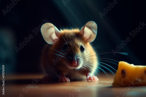 Mouse and a piece of cheese. Generative AI © ARAMYAN