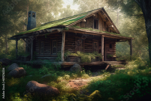 Old hut in the forest. Generative AI