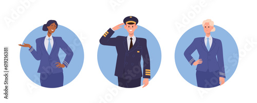 Isolated set of round composition with happy friendly smiling plane crew people characters