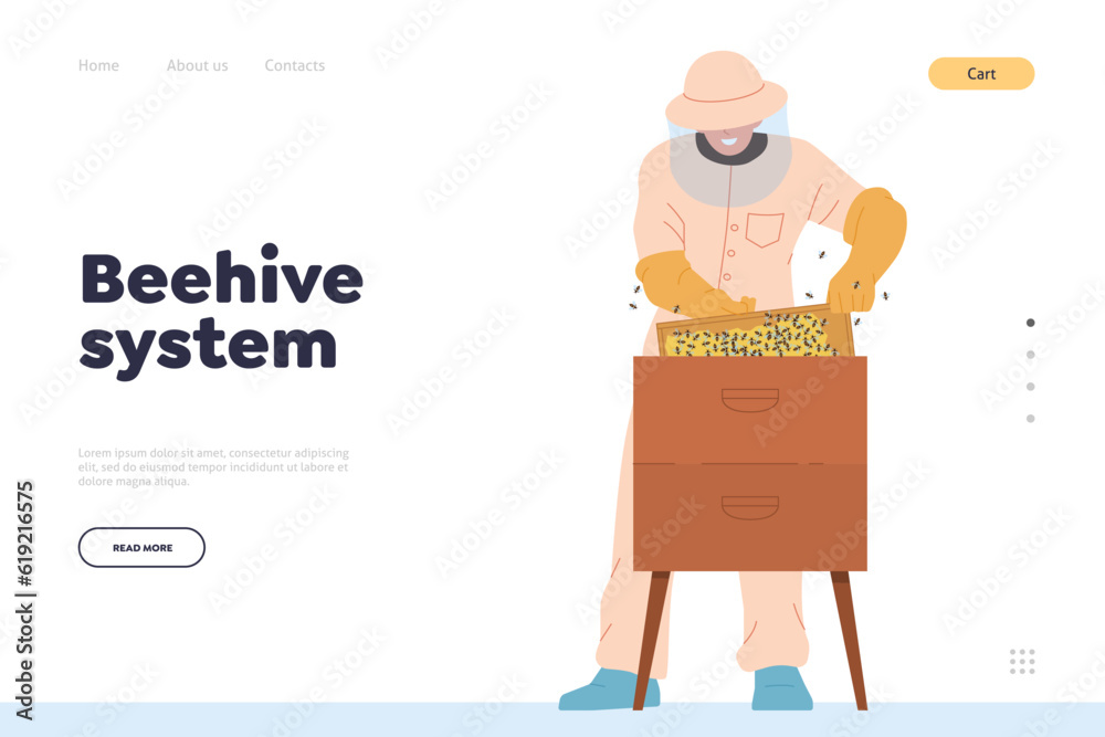 Beehive system landing page design template with cartoon apiarist working with apiary equipment Beehive system landing page design template with cartoon apiarist working with apiary equipment