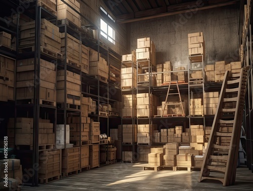 Rows Of Shelves With Boxes In Warehouse, AI generative © Valery Zayats