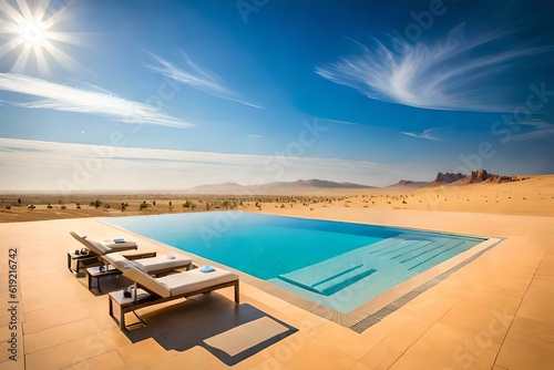 A mesmerizing desert landscape with a swimming pool