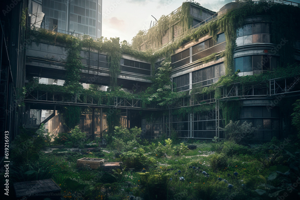 Abandoned buildings covered with vegetation. Generative AI