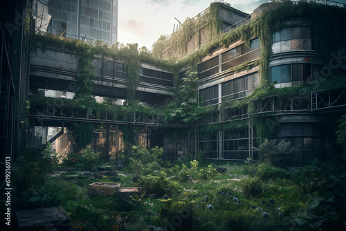Abandoned buildings covered with vegetation. Generative AI