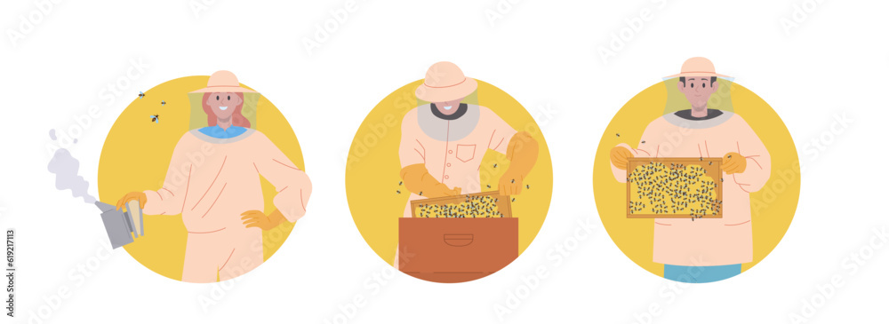 Isolated set of round icon composition with beekeeper character working at apiary hive outdoor farm