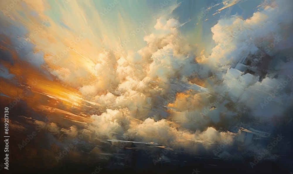  a painting of a sunset with clouds in the sky and a plane flying in the sky.  generative ai