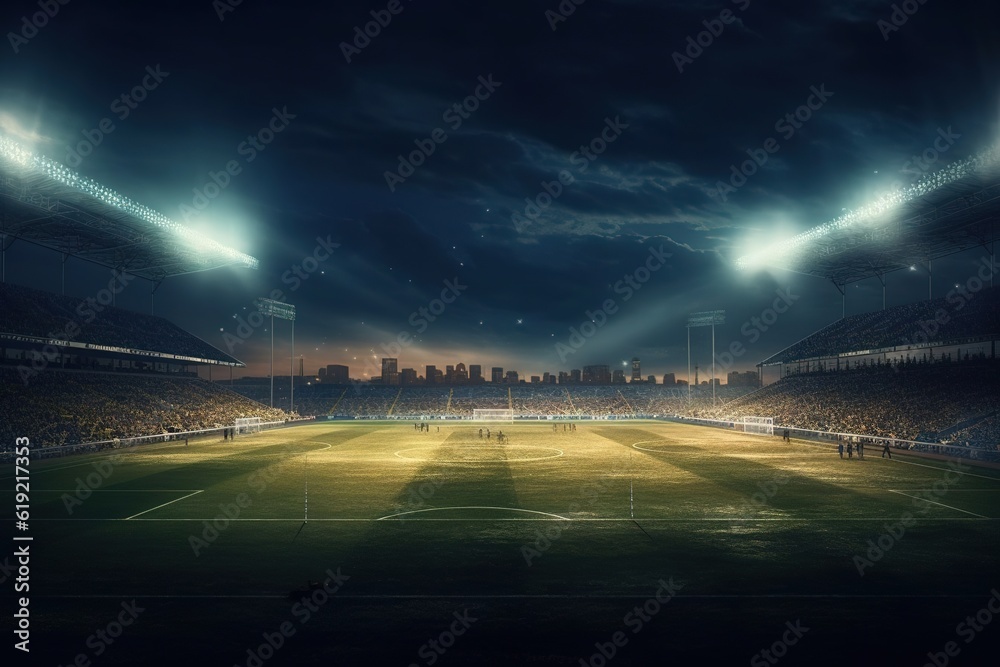 Stadium with grass field and lights. Created with generative AI.
