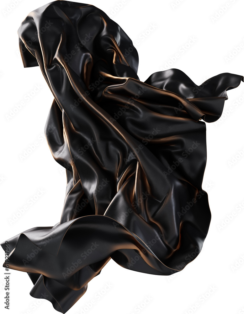 Black and Gold Worn Cloth Fabric Floating in 3d Isolated on Transparent Background