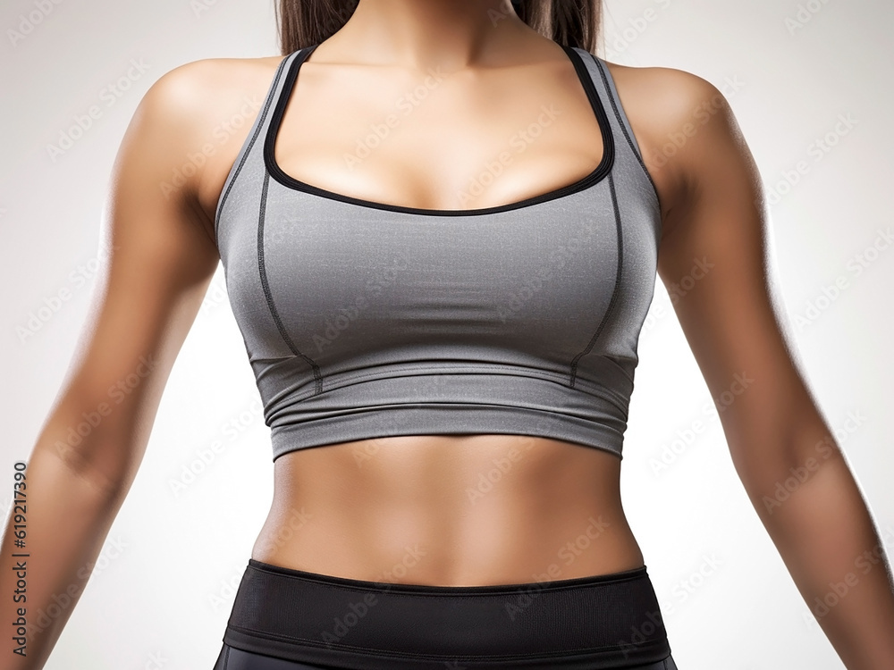 Chest and upper body of a beautiful athletic young woman, close-up. Generative AI