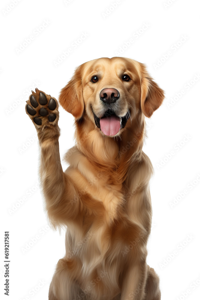 Adorable Golden Retriever giving paw over isolated background - obrazy, fototapety, plakaty 
