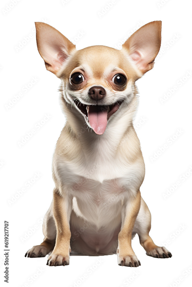 Adult Chihuahua dog smiling and looking at camera. Full body shot over isolated background