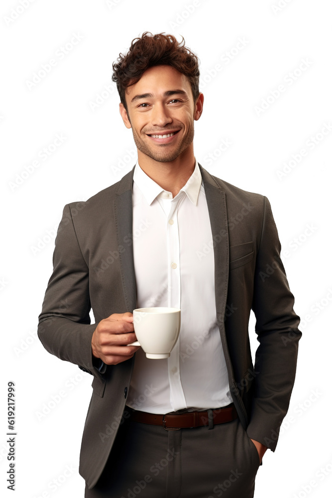 Mixed race young successful business man holding cup of coffee and smiling at camera. Isolated transparent background Mixed race young successful business man holding cup of coffee and smiling at camera. Isolated transparent background