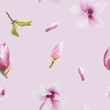 Watercolor Seamless Pattern pink background Hand painted illustration Magnolia