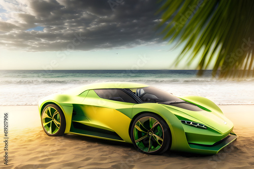 Generative AI green-colored super sports car on a tropical beach in the sunset 