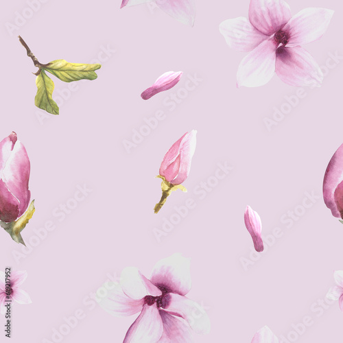 Watercolor Seamless Pattern pink background Hand painted illustration Magnolia © Bartol_art