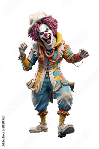 Full body shot of terrified clown over isolated transparent background