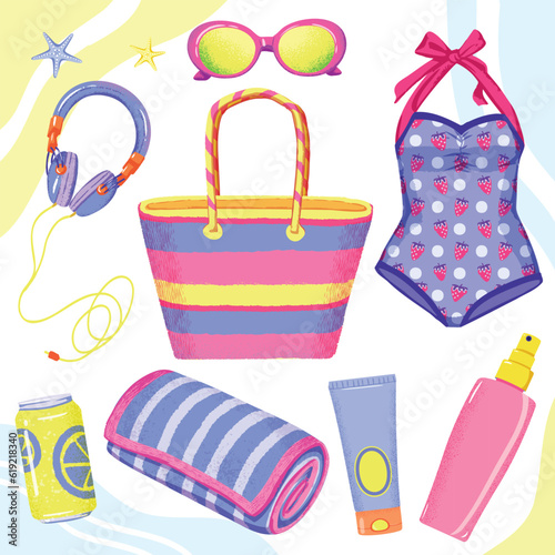 Cute girly Beach essentials set : vintage swimsuit, sunglasses, sunscreen, tanning spray, headphones Beach bag. Summer collection with bright beach elements