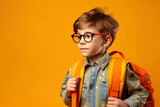 schoolboy with glasses with backpack is ready to go to school for education. generative AI