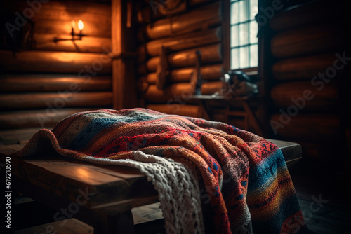 Woolen blanket in the hut. Generative AI