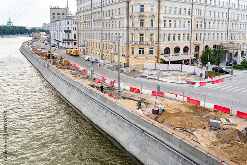 Embankment repairs started in Moscow, Russia. Raushskaya emb