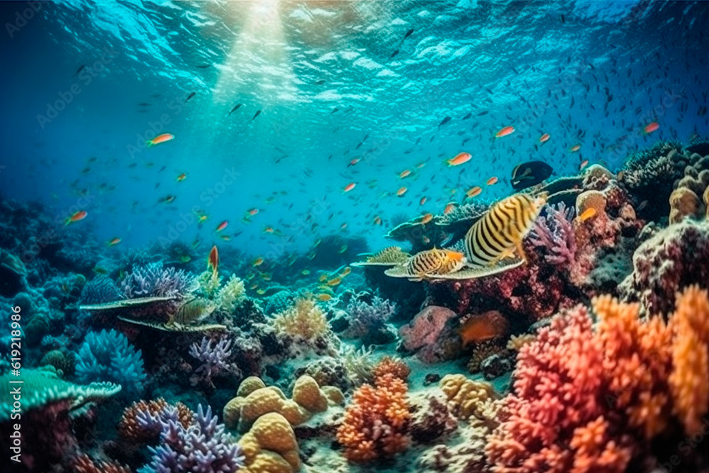 Ocean floor with corals and fish. Generative AI