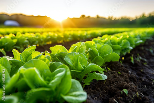 Rows of vigorous leaf lettuce plants in the field before harvest in the morning sunshine.