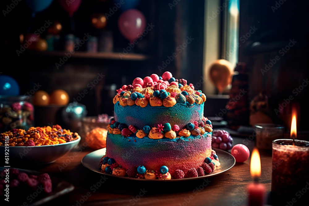 Colorful cake with candles. Generative AI