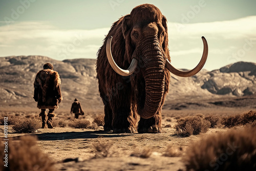man and mammoth. Generative AI © ARAMYAN