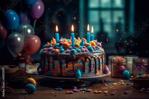 Colorful cake with candles. Generative AI