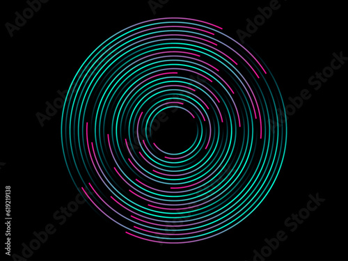 Abstract circle line pattern spin glitchy green light isolated on black background in the concept of music  technology  digital