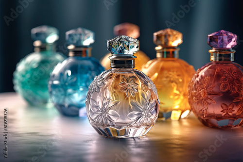 Beautiful glass jars for perfume. Generative AI