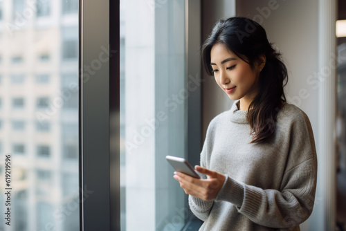 Young woman elegantly dressed, engrossed in her smartphone while waiting in a modern airport.