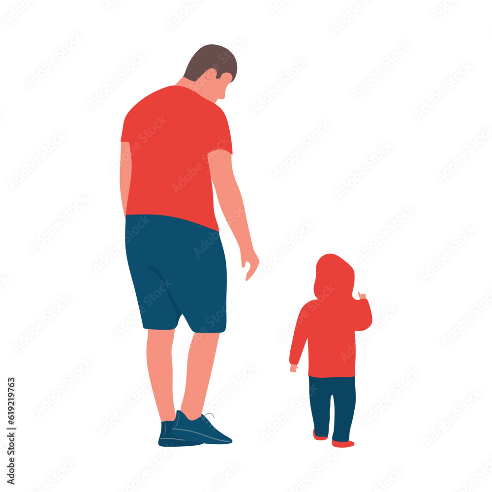 Father and son vector. Happy father walking with his son. Family concept. Baby takes his first steps on his own. Flat vector illustration isolated on white background