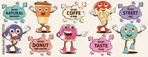 Trendy set of stickers with street food characters. Mascot branding for cafes, restaurants, bars. Stickers with abstract funny cute comic characters. Donut, coffee, ice cream, retro cloud with letteri