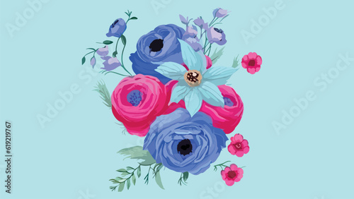 Abstract flower with leaves on a blue background, manga, anime style painted.