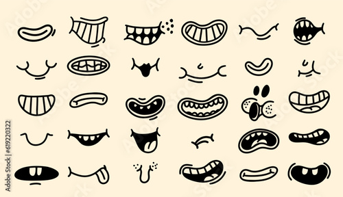 Big set retro cartoon characters funny mouths. Vintage 30s, 50s, 60s old animation, comic mouth elements. Smiley vector faces, with funny emotions. Faces logo happy and sad emotions.